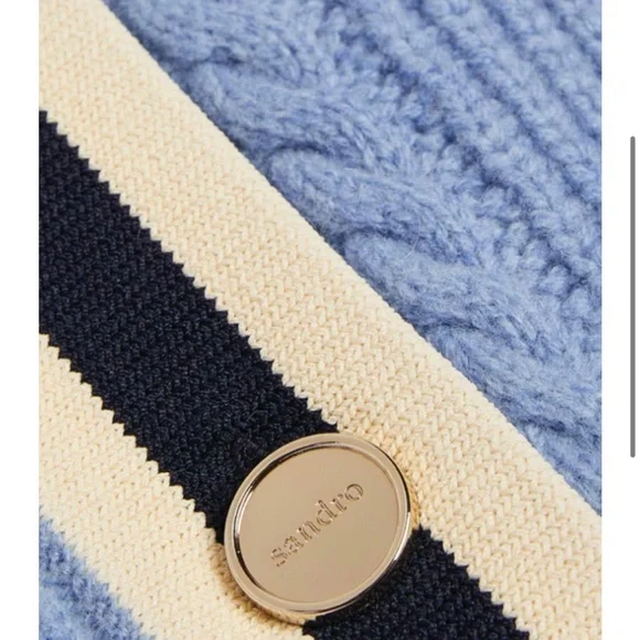 Sandro Blue Wool Erwan Pointelle Knit Women's Cardigan Sweater - Picture 4 of 11